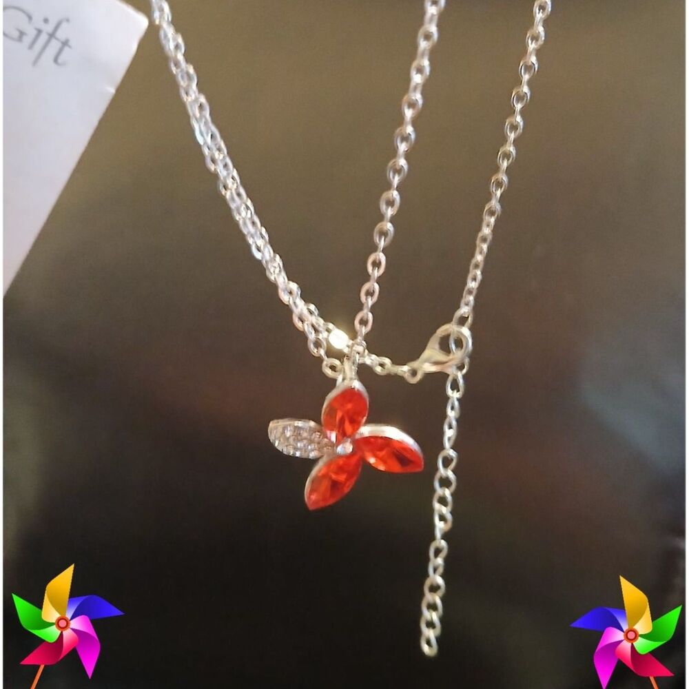 Red Rhinestones & Clear Crystals Silver-Plated Pinwheel Necklace